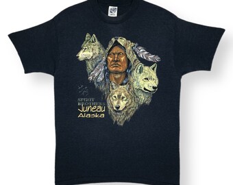 Vintage 90s Juneau Alaska “Spirit Brothers” Native American Wolves Graphic T-Shirt Size Large