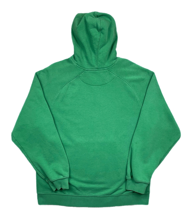 May include: A solid green hoodie with a hood and long sleeves. The sweatshirt has a ribbed hem and cuffs. The garment is made of a soft material and is suitable for casual wear. The hoodie is viewed from the back.