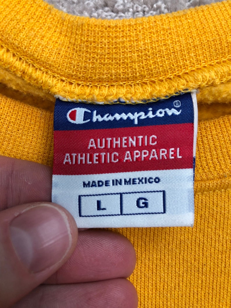 Vintage 90s Champion Spell Out Yellow Essential Crewneck Sweatshirt Pullover Size Large image 4