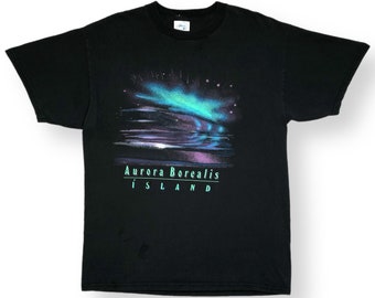 Vintage 90s Aurora Borealis Iceland Northern Lights Faded Graphic Nature T-Shirt Size Large/XL