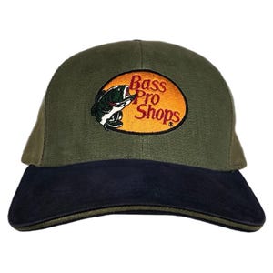 Vintage 90s Bass Pro Shops Embroidered Two Tone Faded Strap Back Hat Cap