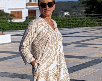 Gold and White Ikat 100% Cotton Flowing Dress, Summer Maxi Dress