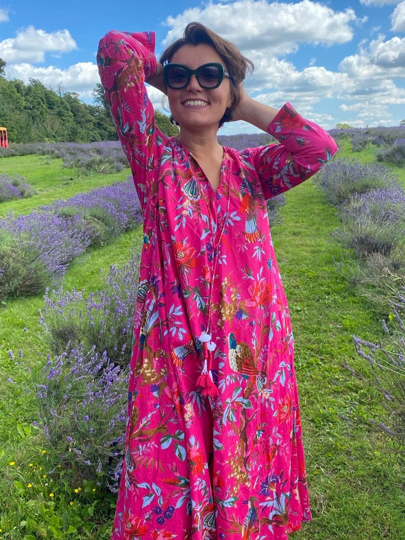 Fuchsia 100% Cotton Birds of Paradise Long Dress, Flowing Maxi Dress - Etsy
