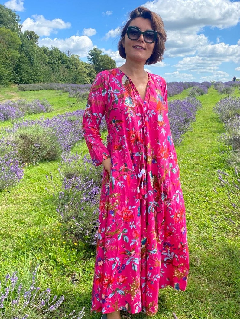 Fuchsia 100% Cotton Birds of Paradise Long Dress, Flowing Maxi Dress - Etsy