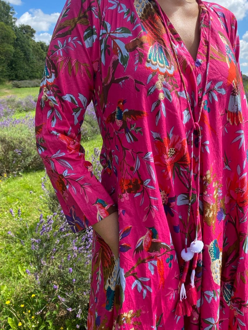 Fuchsia 100% Cotton Birds of Paradise Long Dress, Flowing Maxi Dress - Etsy