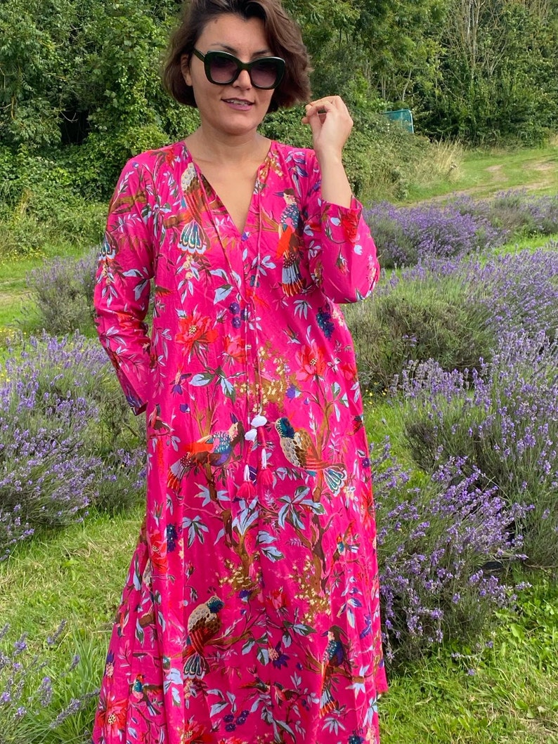 Fuchsia 100% Cotton Birds of Paradise Long Dress, Flowing Maxi Dress - Etsy