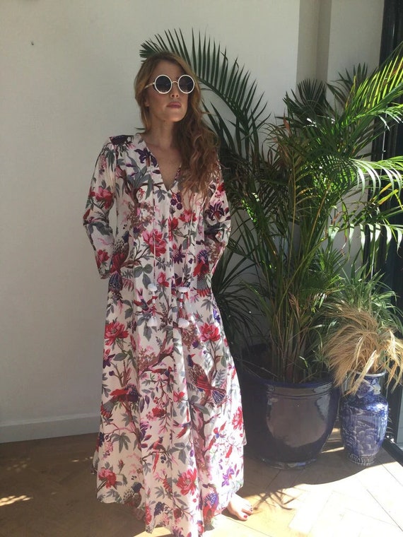 White Birds of Paradise 100% Cotton Long Dress, Flowing Maxi Dress
