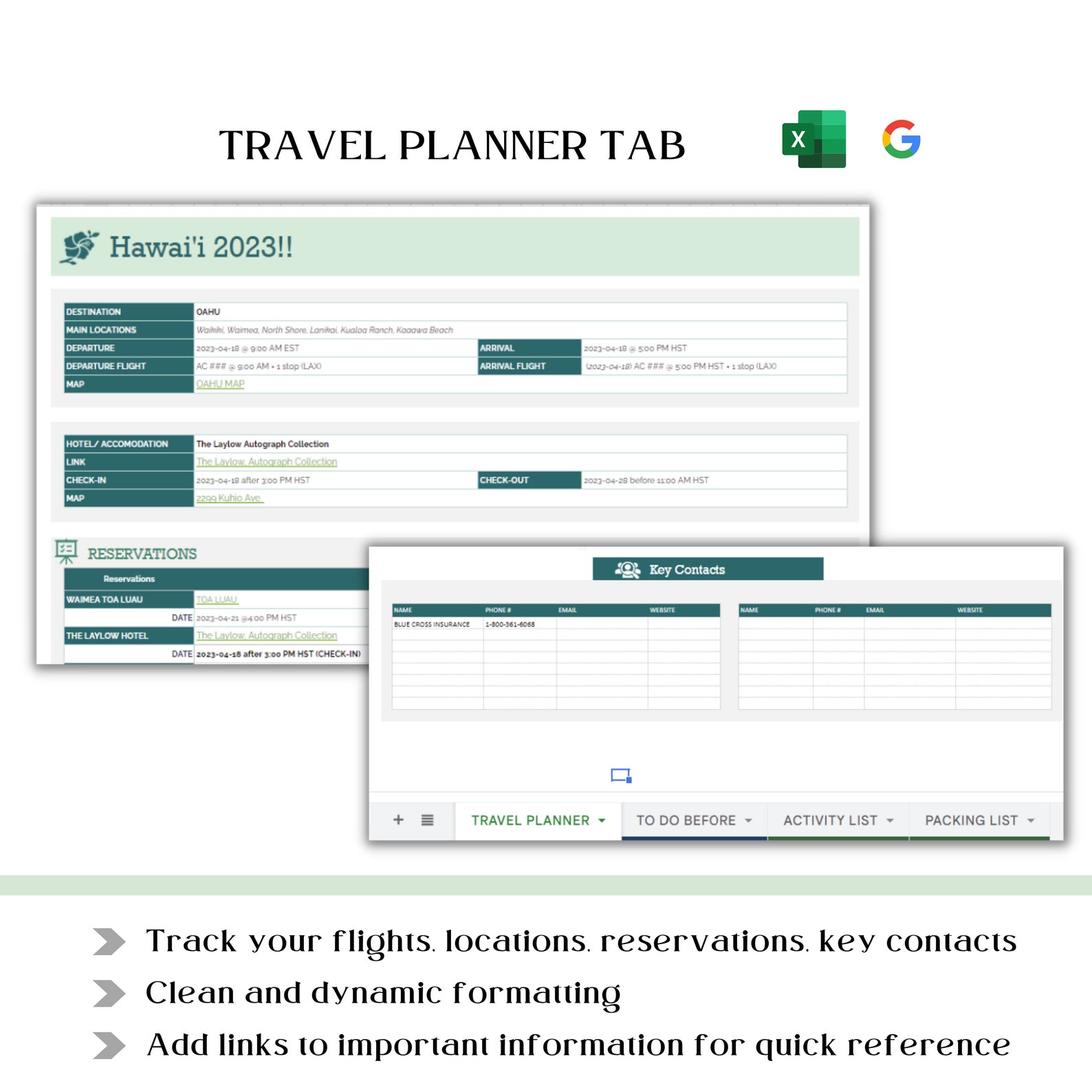 TRAVEL Planner 2023 Google Drive Google Sheets Excel Pre-filled Options ...