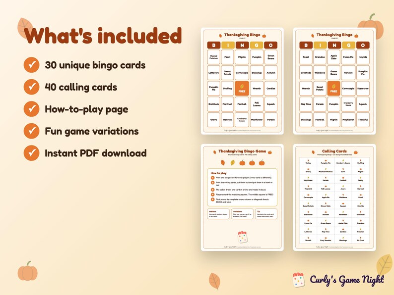 Thanksgiving Bingo Game, 30 Unique Cards, Fall Party Activity (digital ...