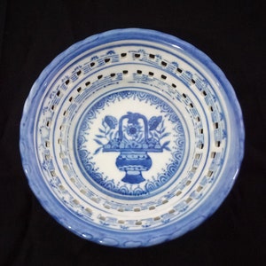 Ceramic Candy Dish Square Hole Punch Out Pattern /Blue & White / Dutch Reproduction 5&quot; x 5&quot;