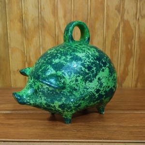 70s Ceramic Green Drip Glaze Piggy Bank With Handle