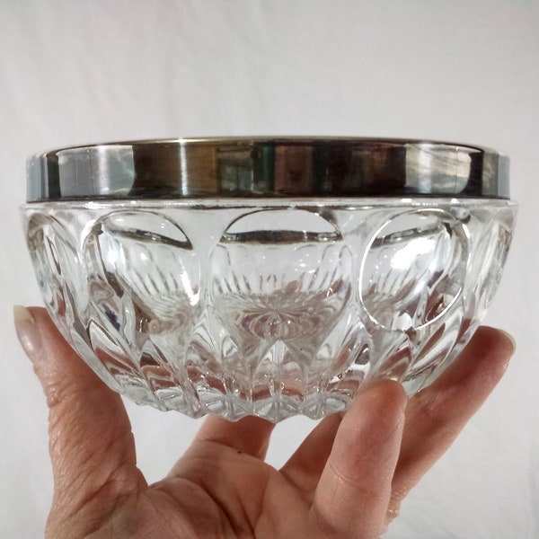 1950s Leonard Italy Cut Crystal Glass Bowl Silverplate Rim 4 1/2" Small Bowl