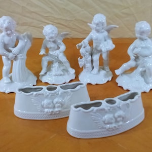 Dresden Four Seasons Cherub Figurines & Vases/Candle Holders 6 Pcs White Bisque Porcelain Made In Germany