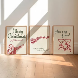 クリスマス ウォール アート 3 点セット | レトロなホリデー ポスター | 3 点のクリスマス デコレーション | メリー クリスマス、ヤ フィルシー アニマル | ビンテージ サンタ プリント