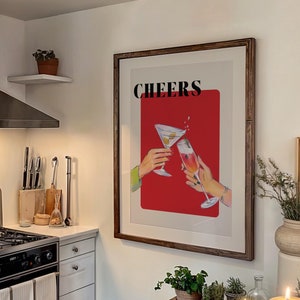 Póster de cóctel retro Cheers / Impresión de martini vintage / Arte de pared / DESCARGA DIGITAL / Arte de pared imprimible de moda / Decoración de carrito de bar