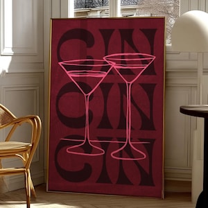 Póster de martini retro / Impresión de carrito de bar Cin Cin / Decoración de dopamina / Póster de cóctel rosa / Descarga digital / Arte de pared MCM / Espresso Martini
