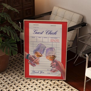 Cuadro de pared con cheque rojo para invitados / Póster de cóctel retro Cheers / Decoración de carrito de bar / Impresión digital / Regalo de inauguración de la casa de último momento / Arte de pared MCM