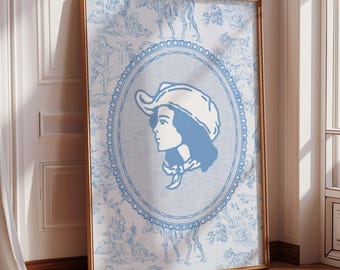 Vintage western chinoiserie muurkunst | Toilecoquette cowgirl-print | Lichtblauwe millennialkunst | Leuke kinderkamerdecoratie cowgirl aan de kust