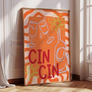 Arte de pared con carrito de bar y decoración de dopamina / Póster de cóctel Cin Cin / Impresión de cocina maximalista / Descarga digital / Arte de pared colorido y retro moderno