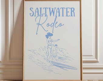 Retro Coastal Cowgirl Wall Art, Light Blue Western Wall Art, Coastal Surf Poster, Beach House Digital Print, Western Beach Decor