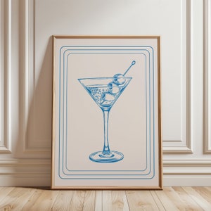 Impresión retro de martini / Arte de pared MCM azul claro / Decoración de carrito de bar / Impresiones minimalistas de cocina / Póster de cóctel estético vintage / Impresión digital