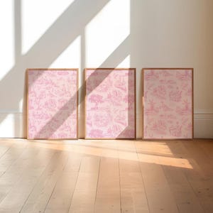 Set of 3 Vintage Pink Toile Prints | Chinoiserie Wall Art | Floral Coquette Decor | 3 Piece Grandmillennial Posters | Bridgerton Inspired