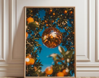Arte mural de naranjo con bola de discoteca / Póster decorativo de dopamina / Arte maximalista ecléctico / Láminas de cocina kitsch coloridas / Arte mural de cítricos modernos