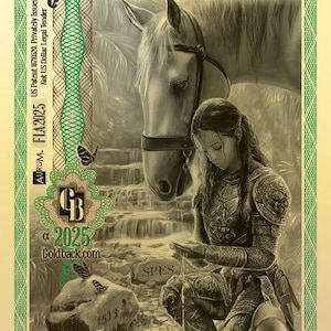 May include: A gold-toned Florida Goldback negotiable instrument. The design features a woman in armor, a horse, and text including "Florida Goldback", "2025", and "1/2 Troy Ounce 24K Gold". The background includes a waterfall and butterflies.