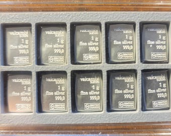 10 each 1 gram Valcambi Suisse 999,0 Fine Silver Ingots in 1 ozt. Silver Ingot Case