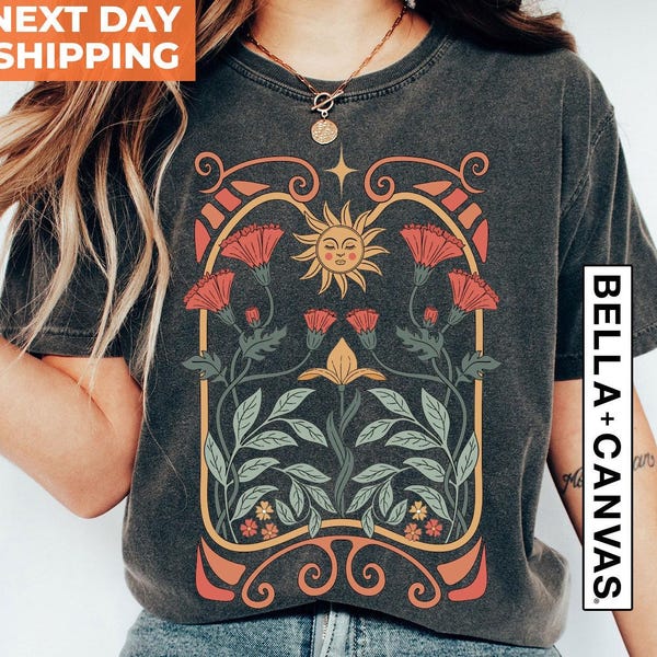 Celestial Sun and Wildflower Shirt: Art Nouveau Botanical Graphic Tee