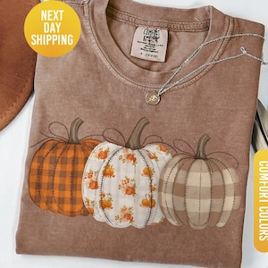 May include: Espresso-colored t-shirt featuring three pumpkin illustrations. The pumpkins have different patterns: orange plaid, floral, and tan plaid. A silver necklace with a pendant rests on the shirt. The shirt has a crew neck and short sleeves.