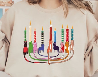Funny Christmas Hannukah Sweatshirt,  Cat Mom Menorah Long Sleeve, Cat Menorah Hanukkah Hoodie, Jewish Chanukah Sweatshirt, Xmas Religious