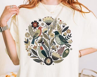 Cottagecore Birds and Flowers Comfort Colors® Shirt, Folk Art Scandi Art T Shirt, Flower Gift, Wildflowers T shirt, Botanical Floral Shirt