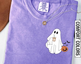 Comfort Colors® Сute Ghost Coffee Shirt, Сute Little Ghost Iced Coffee t-shirt, Boo Ghost Shirt, Halloween Coffee Lovers, Ghost Coffee Shirt
