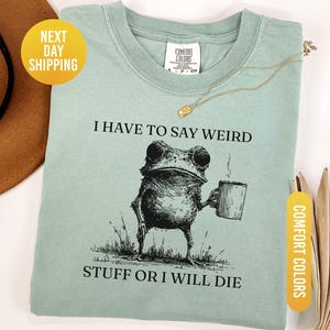 Può includere: T-shirt verde chiaro con la scritta "I HAVE TO SAY WEIRD STUFF OR I WILL DIE" e un'illustrazione in bianco e nero di una rana con una tazza. Girocollo, maniche corte.