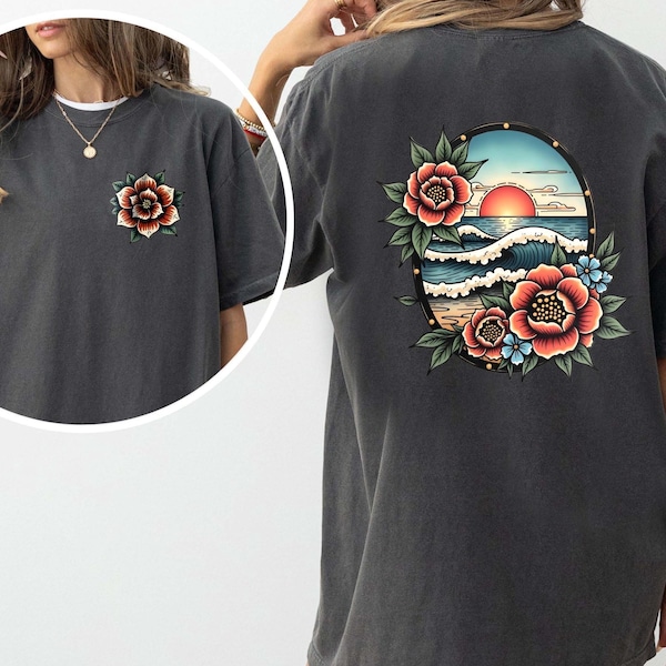 Tradycyjna koszulka z kwiatowym motywem zachodu słońca na plaży, koszulka Comfort Colors® Beach Vacation, koszulka dla miłośników plaż, koszulka plażowa z przodem z tyłu, koszula damska
