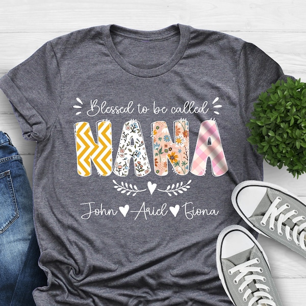 Personalized Grandma Shirt, Custom Blessed To Be Called Nana Kids Art Flower Nana T-Shirt, Custom Grandma Tee with Name, First Time Grandma