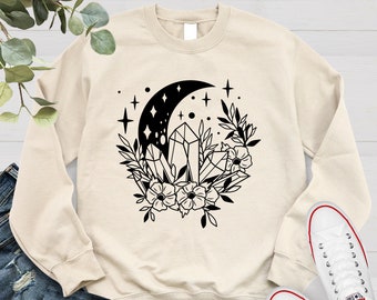 Crystal Moon Flowers Sweatshirt, Mystical Sweat, Witchy Gifts, Flowers Sweatshirt, Christmas Gift For Mom, Crystal Moon, Gift For Her