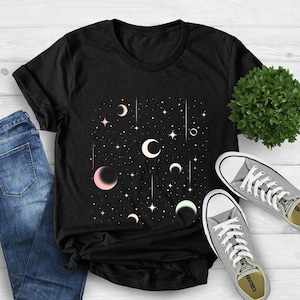 Camisa celestial, camiseta com estampa da lua, camisetas da lua, astrologia com as fases da lua, camiseta feminina com presente da lua, tingida para roupa, presente de Natal para ela