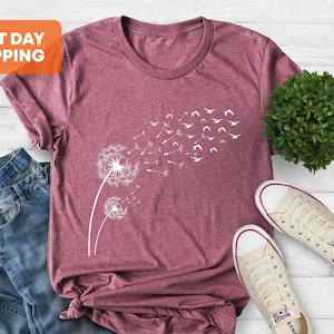 Dandelion Birds Shirt, Birds T-shirt, Birds Graphic Women&#39;s Shirt, Graphic Birds, Nature tee, Wild Flower Shirt, Bird Watching Shirt