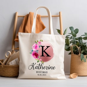 Bachelorette Favors, Bridesmaid Gifts, Personalized Floral Tote, Custom Name Tote Bag, Personalized Initial Name and Custom Text Canvas Tote