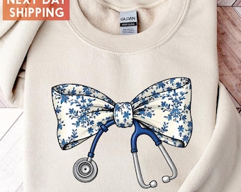Nurse Toile Bow Sweatshirt, Stethoscope Bow Shirt, Nurse Coquette Shirt, Gift for Nurse, Nurse Appreciation, Healthcare Professionals Shirt