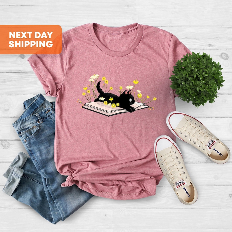 Cute Book Cat Shirt, Cat Shirt, Cute Reading Shirt, Books Shirt, Cute Cat Shirt, Reading Shirt, Book Lover, Cat Tshirt, Book Lover Gift image 1