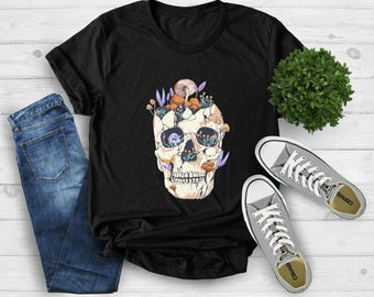 Skull With Mushrooms, Mushroom Skull Shirt, Cottagecore Clothing, Mushroom Shirt, Halloween Skeleton Shirt, Mycologist Goth Mushroom Shirt