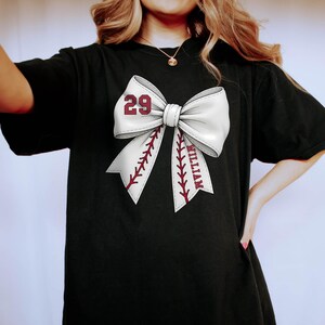Custom Baseball Bow Shirt, Baseball Mom Shirt With Kids Name & Jersey Number, Baseball Wife shirt, Baseball Season, Cute Baseball Mama Shirt