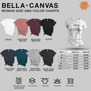 a collection of t-shirt designs in various colors and sizes, along with size and color charts.