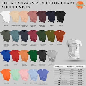 The image is a color chart for adult unisex t-shirts, displaying a variety of colors and sizes.