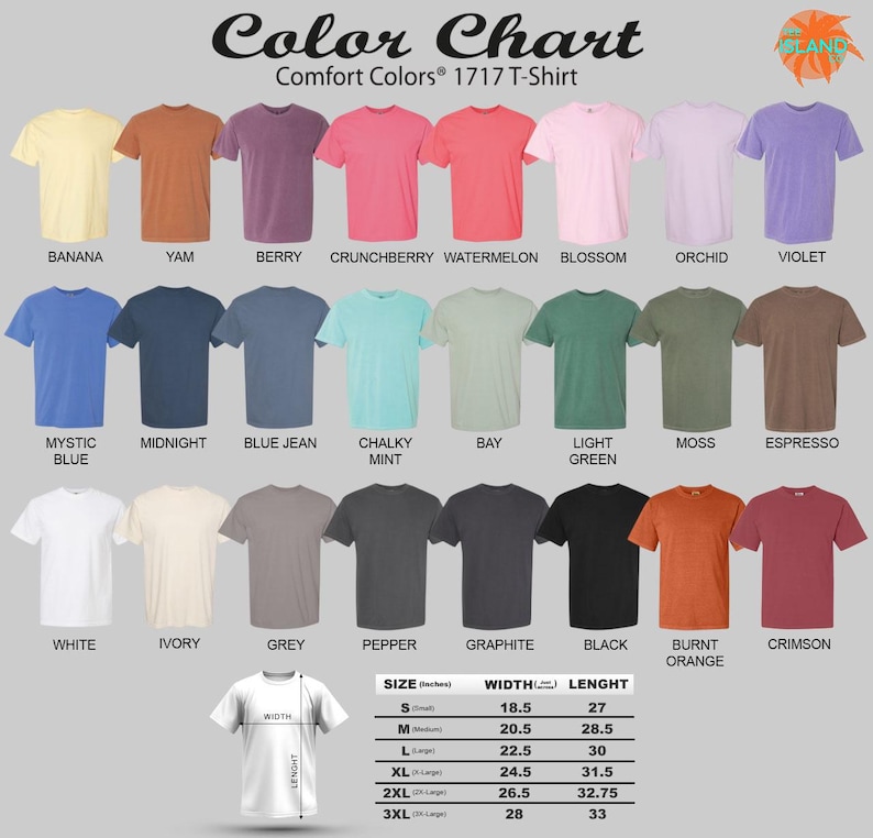 The image is a color chart displaying various comfort colors for a 1717-T-shirt, including bananas, yams, berries, watermelon, orchids, violets, mystical blue, mint, chalky mint, bay, green, moss, espresso, burnt orange, and Crimson. The chart also provides size information for each color.