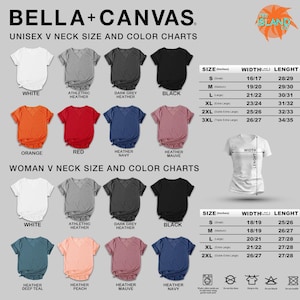 a collection of t-shirt designs in various colors and sizes, including white, black, orange, red, and navy. The charts provide information about the neck size and color options for each design.