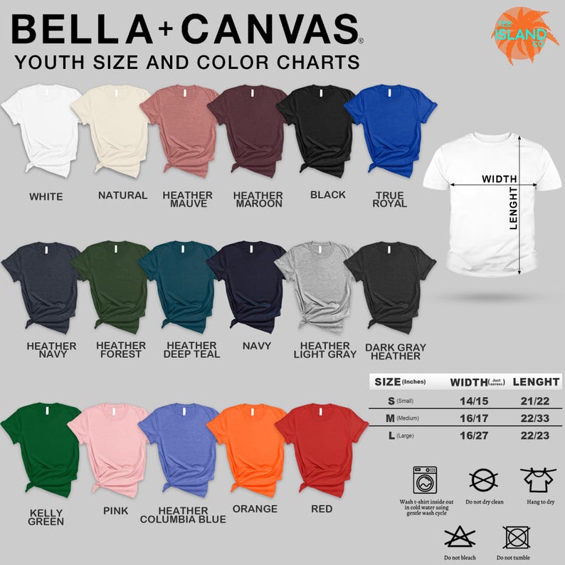 a collection of youth size and color charts for t-shirts, including various colors and styles. The charts provide measurements for the width and length of the t-shirts, as well as the corresponding sizes. The charts are organized in a grid format, with each color and size listed separately. The image does not contain any text that can be described in fewer than 500 characters, and it does not include any additional information that would require a more detailed description.